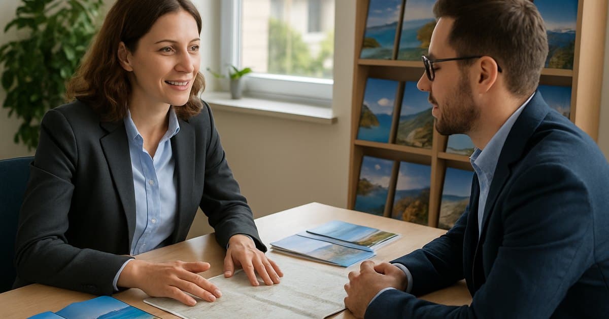 Agente de viajes asesorando a cliente sobre destinos.
