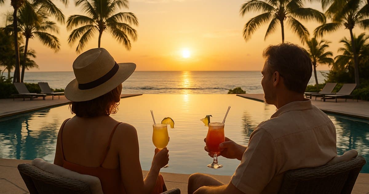 Pareja disfrutando piscina de resort en atardecer tropical.