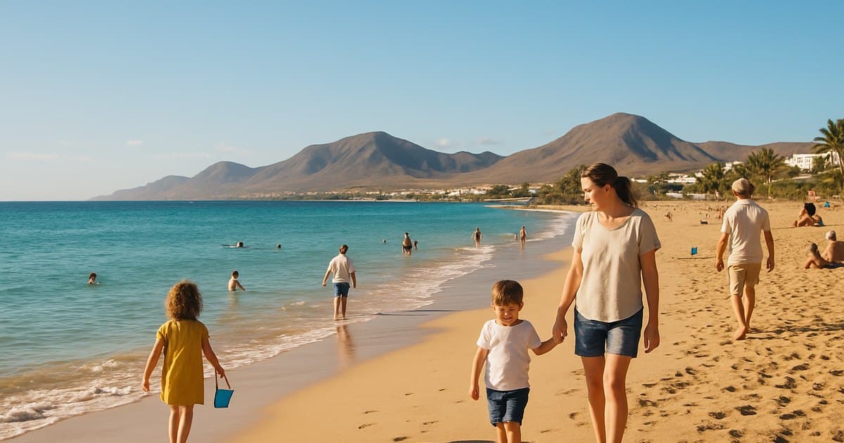 Playa soleada de Canarias con bañistas en diciembre.