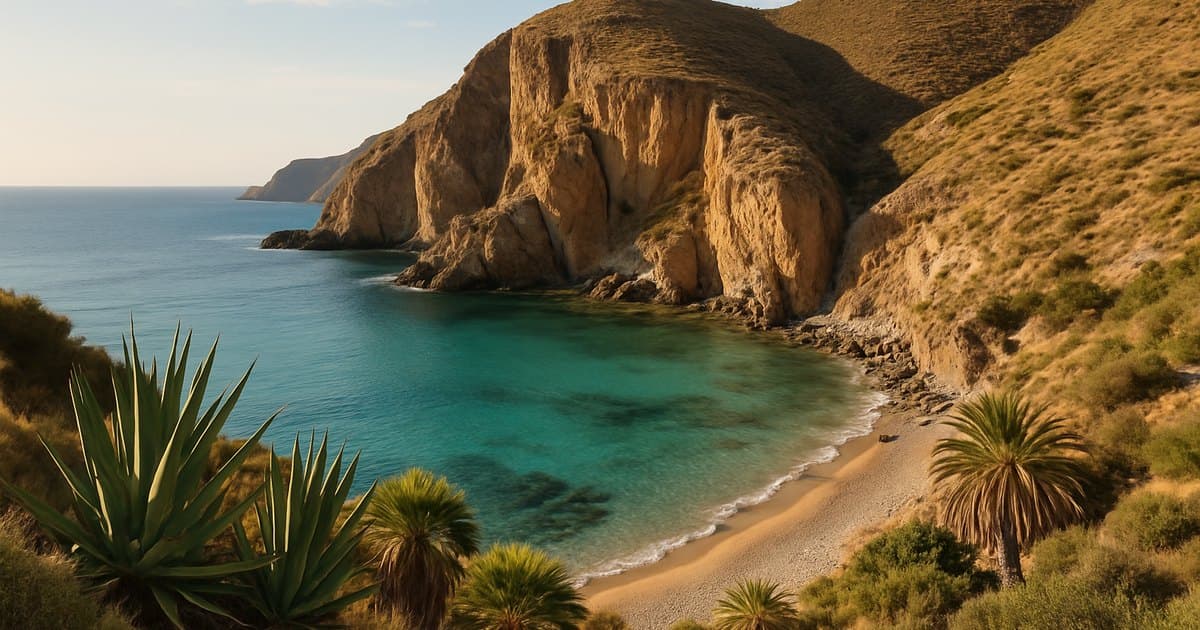 Cala de Costa Tropical almeriense con acantilados verdes.