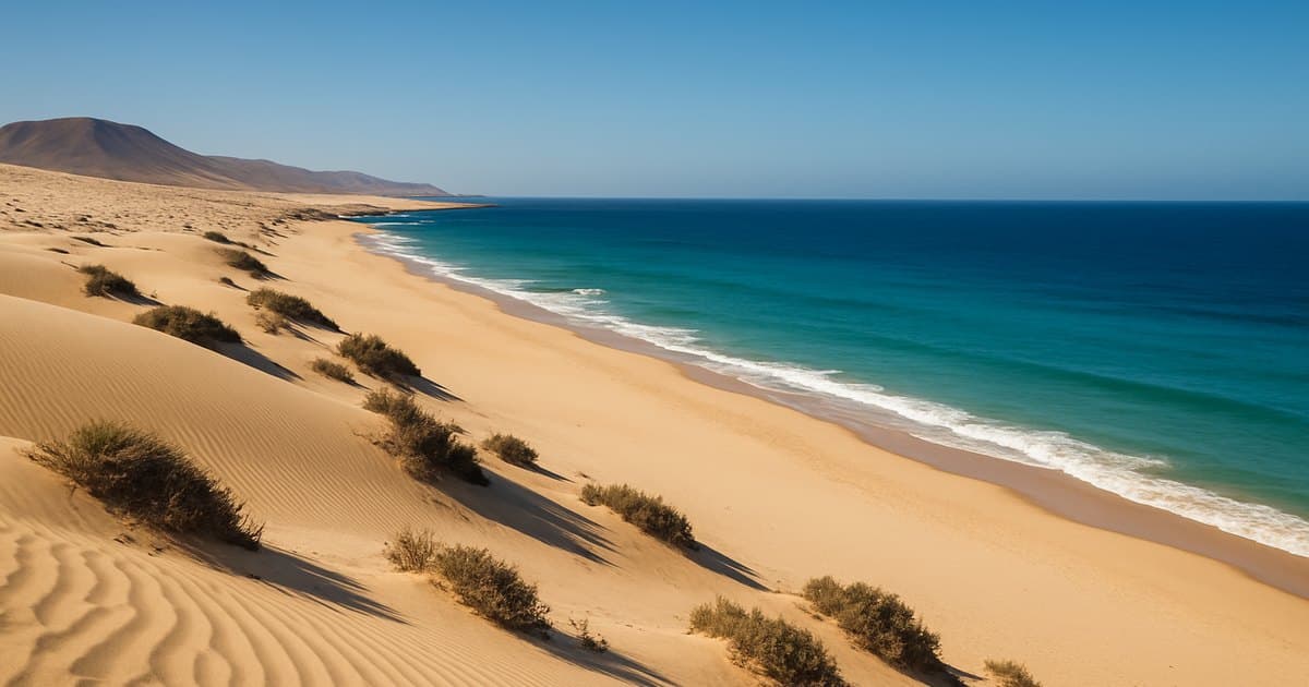 Dunas de arena y océano en paisaje desértico canario.