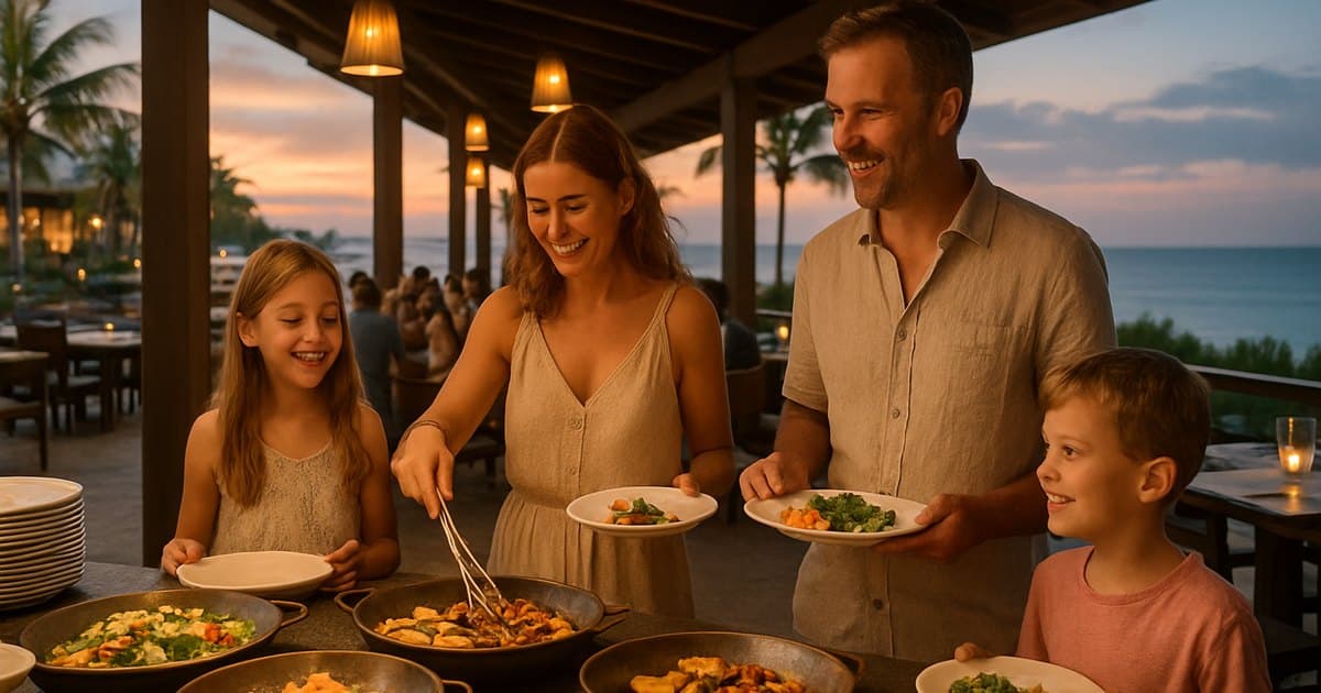 Familia cenando en restaurante de resort frente al mar.