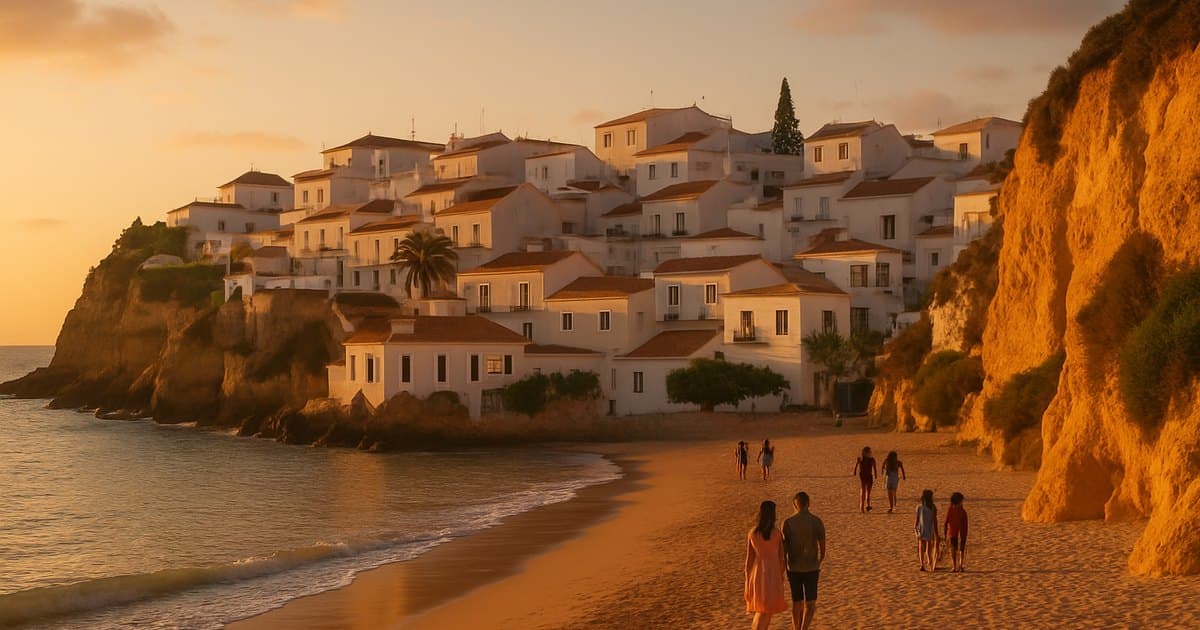 Pueblo playero gaditano al atardecer con acantilados dorados.