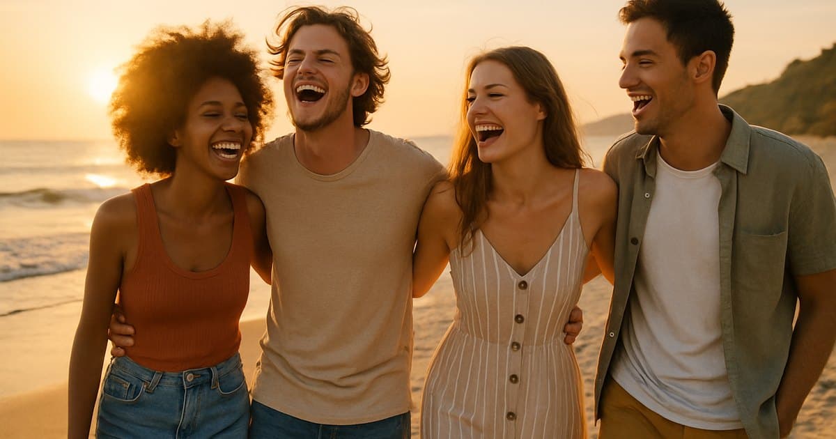 Grupo de amigos disfrutando juntos en atardecer playero.