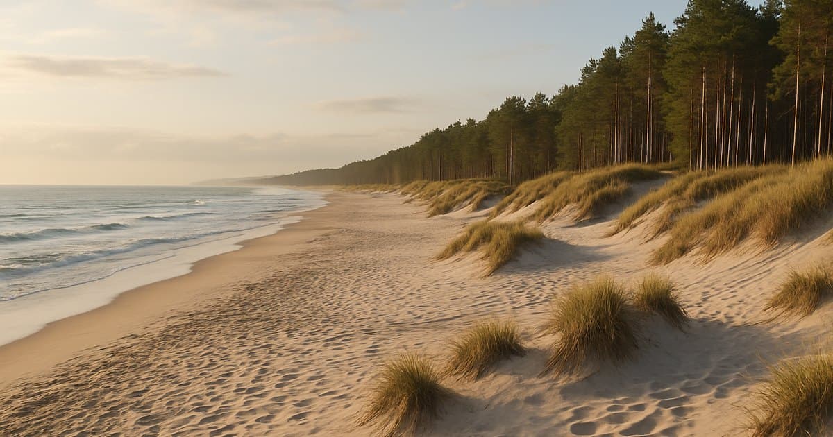 Playa virgen con dunas naturales y bosque de pinos.