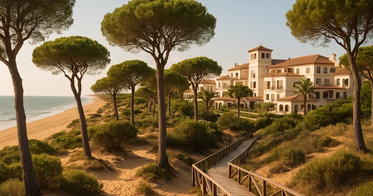 Resort en Costa de Huelva con pinos y arena blanca.