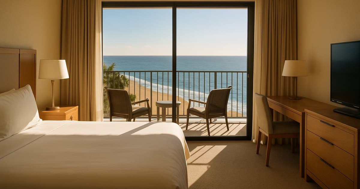 Habitación de hotel limpia con vista al mar y balcón.