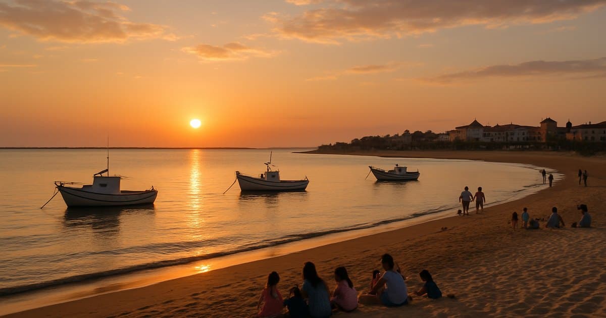 Atardecer en playa de Isla Canela con barcas de pesca y familias.