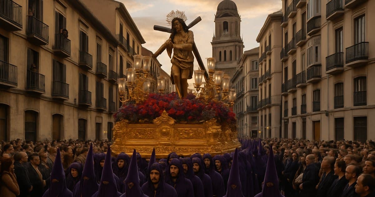 Procesión de Semana Santa de Málaga con trono grande y hermandad.