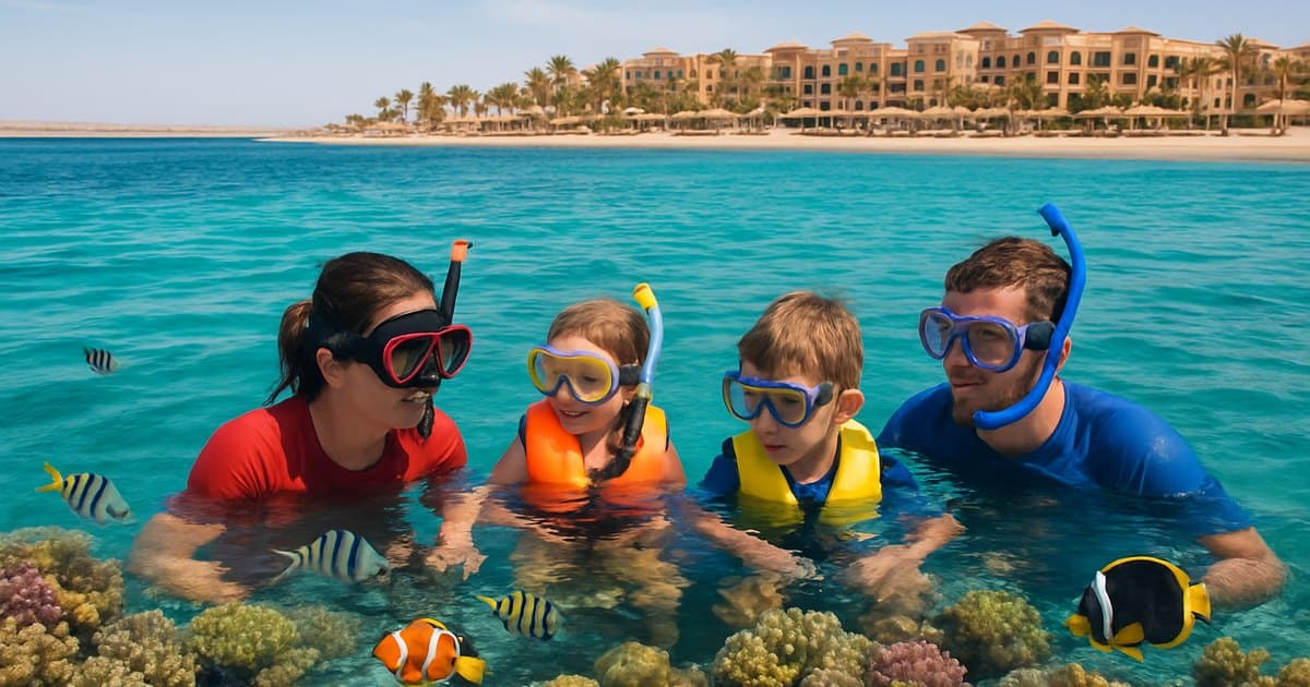 Familia buceando en arrecife de coral del Mar Rojo de Egipto.