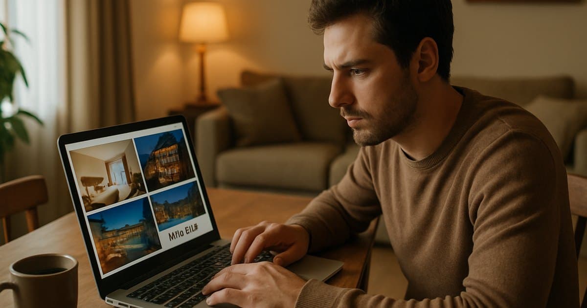 Persona leyendo opiniones de hoteles en laptop en casa.