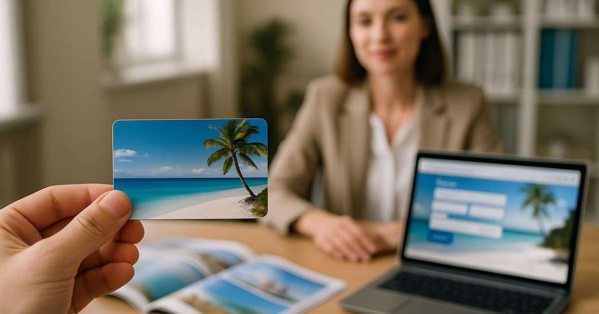 Tarjeta regalo de viaje junto a materiales de agencia de viajes.