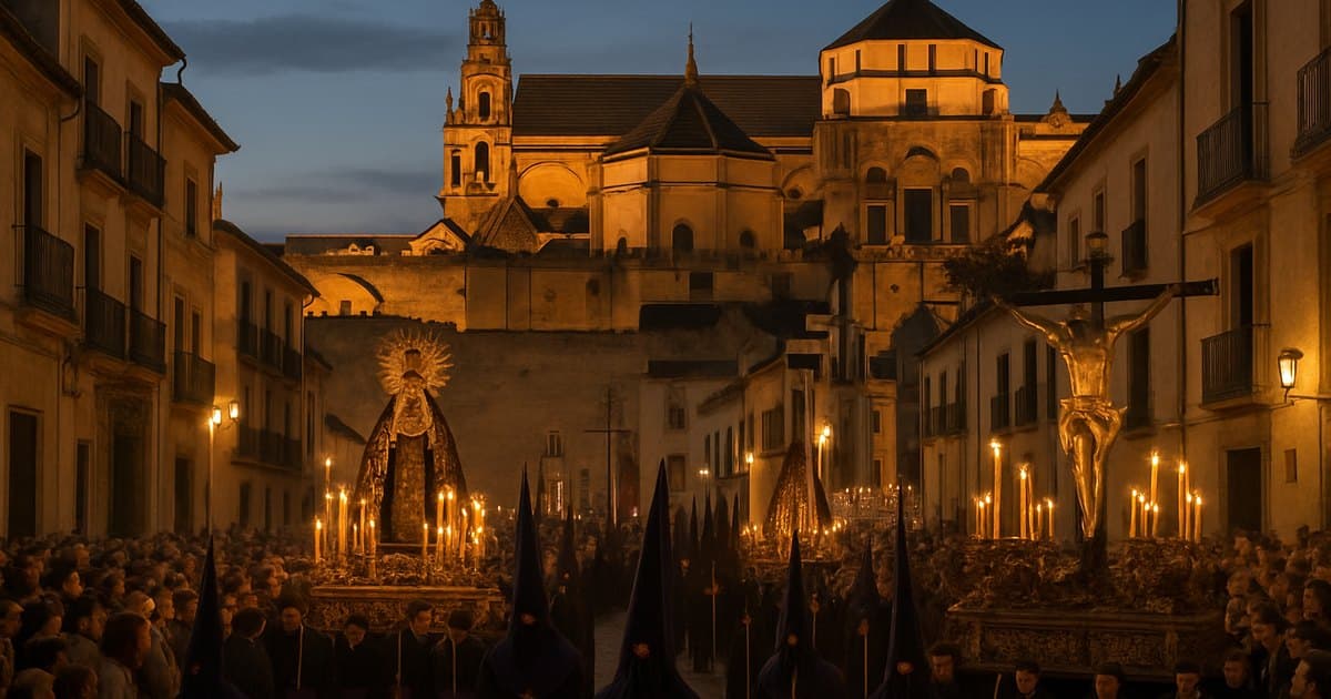 Procesiones cerca de la Mezquita de Córdoba en noche de Semana Santa.