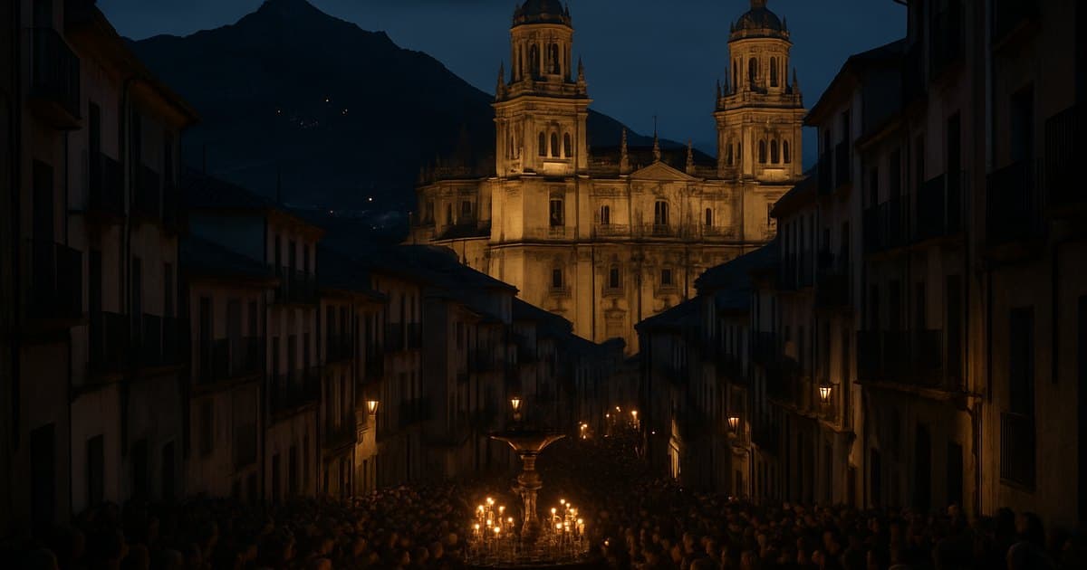 Procesión nocturna intensas en ciudad montañosa de Jaén al frío.