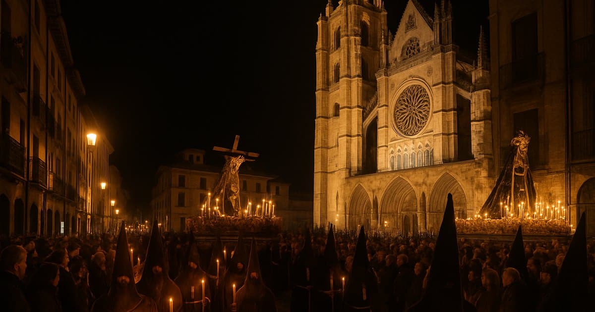 Dos procesiones diferentes en las calles nocturnas de León.