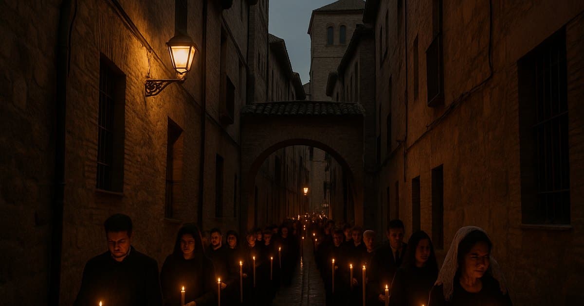 Callejuelas medievales de Toledo con procesión silenciosa de Semana Santa.