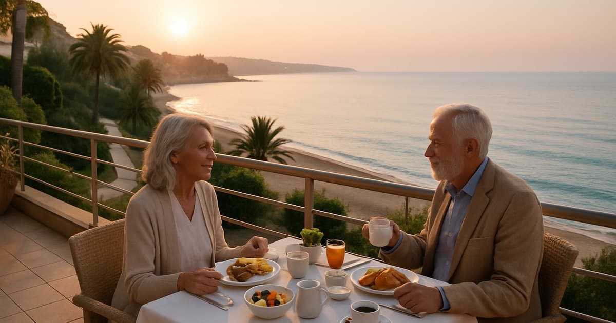 Pareja mayor desayunando en terraza con vistas al mar.
