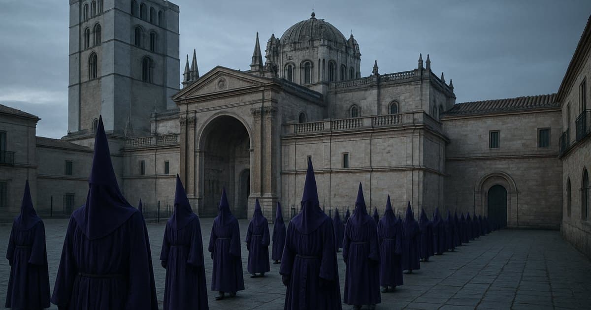 Procesión silenciosa de Semana Santa en Zamora al amanecer.