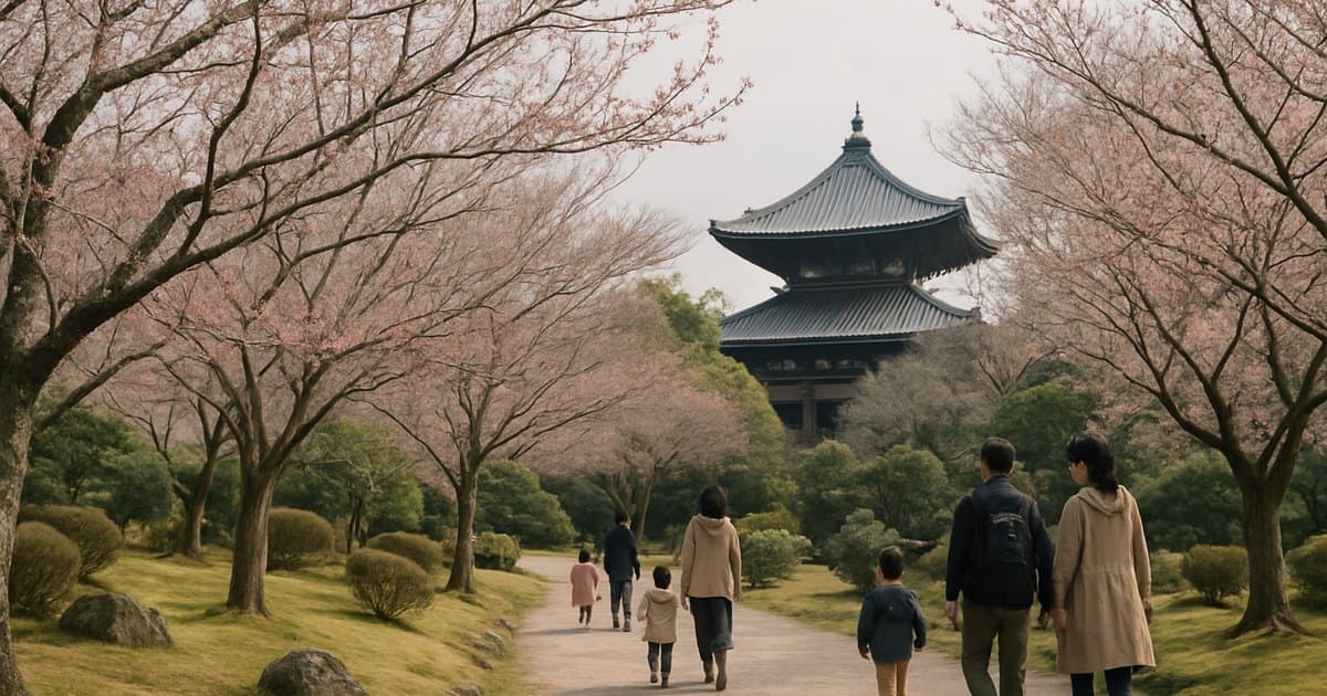 Árboles de cerezo en floración temprana en jardín japonés.