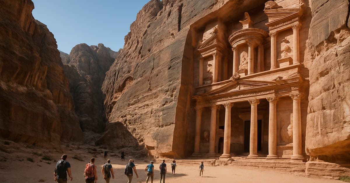 Fachada de Petra tallada en roca roja bajo cielo despejado.