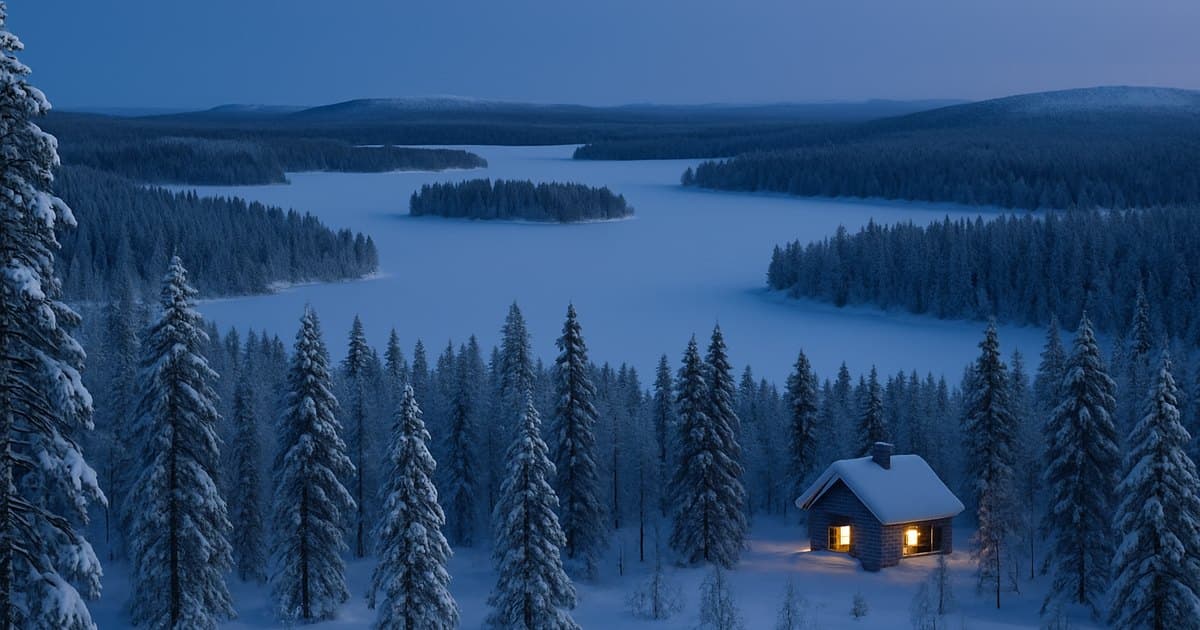 Paisaje nevado de Laponia con bosques y cabaña iluminada.