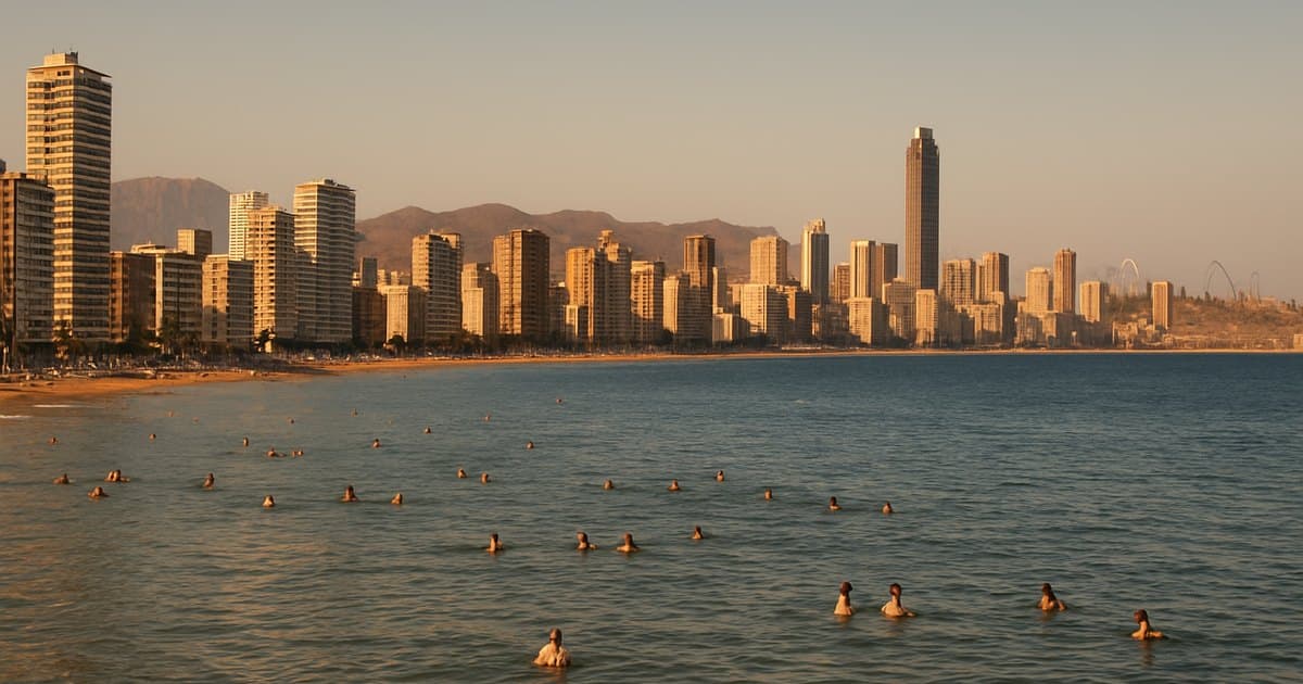 Benidorm con rascacielos, playa llena de bañistas, cielo despejado.