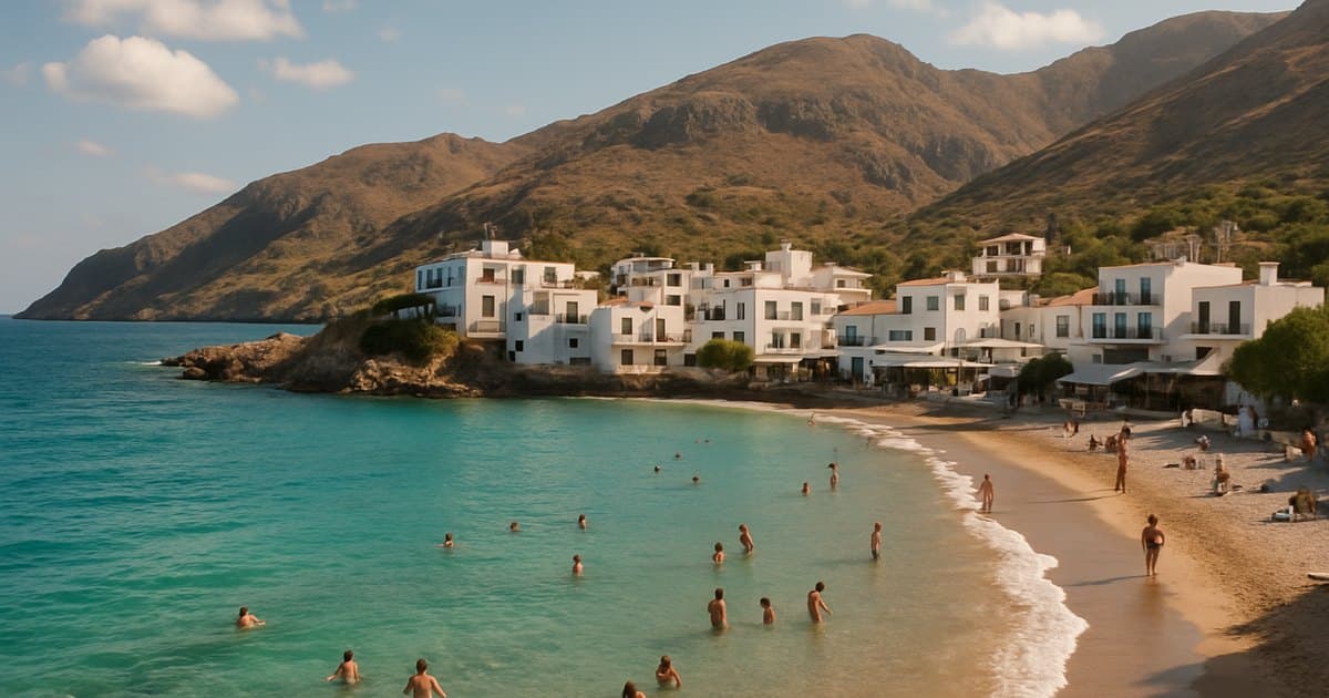 Costa de Creta con pueblos blancos, mar turquesa y bañistas dispersos.