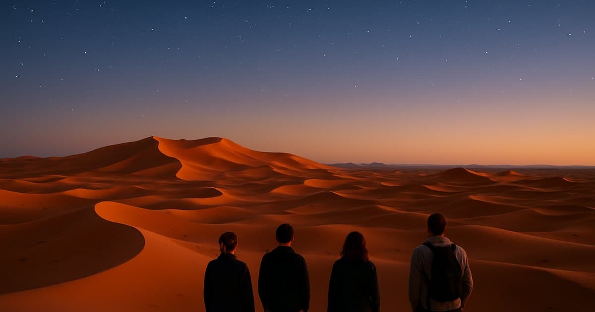 Desierto de Merzouga al atardecer con dunas doradas y viajeros abrigados.