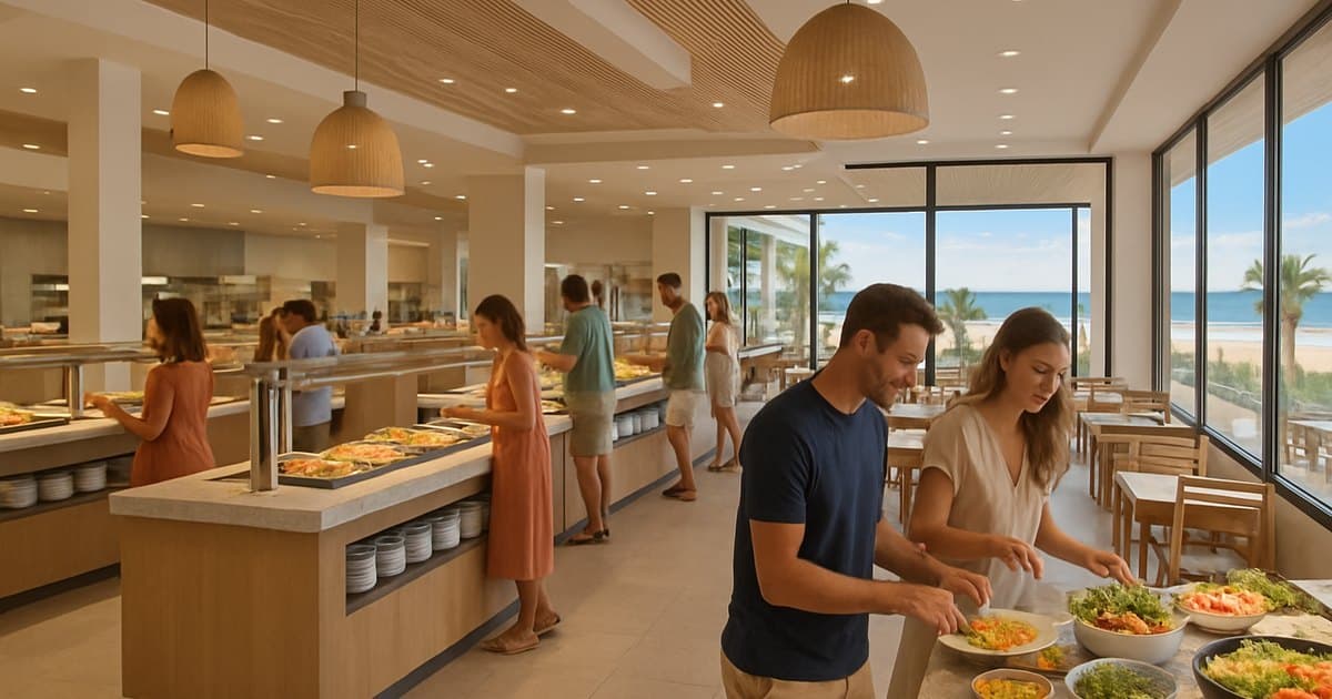 Restaurante buffet del Riu Chiclana con huéspedes comiendo variado.