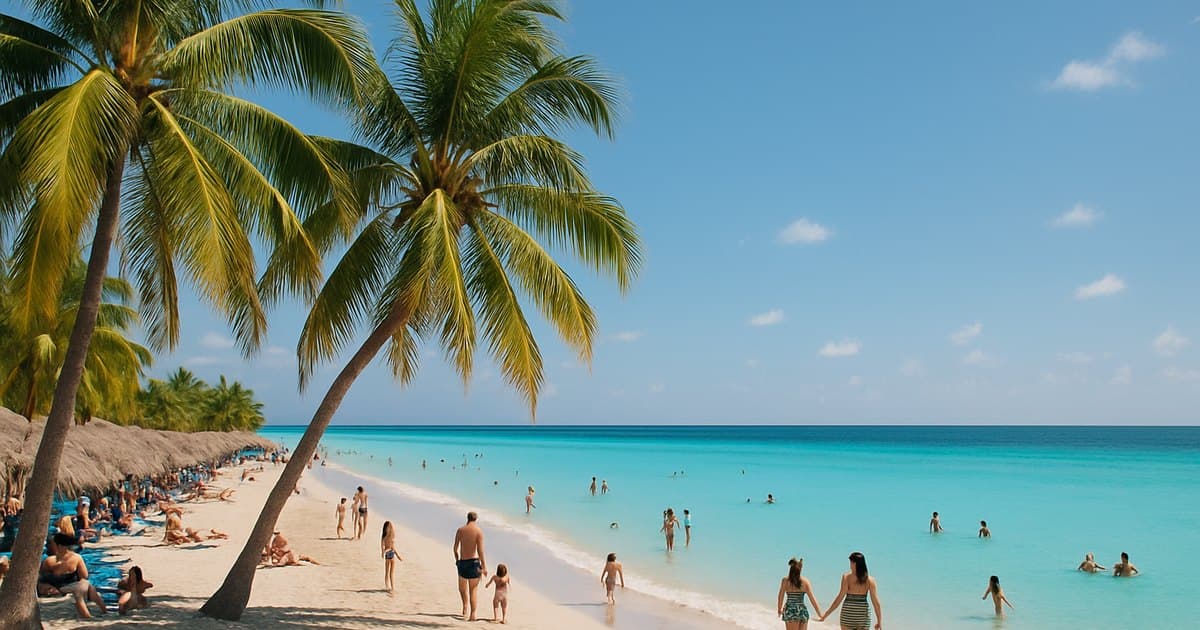 Playa de resort caribeño con palmeras y agua turquesa.