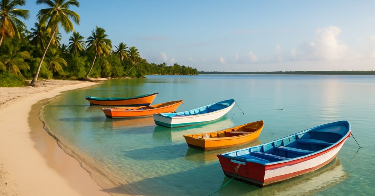 Laguna caribeña tranquila con barcos de pesca tradicionales.
