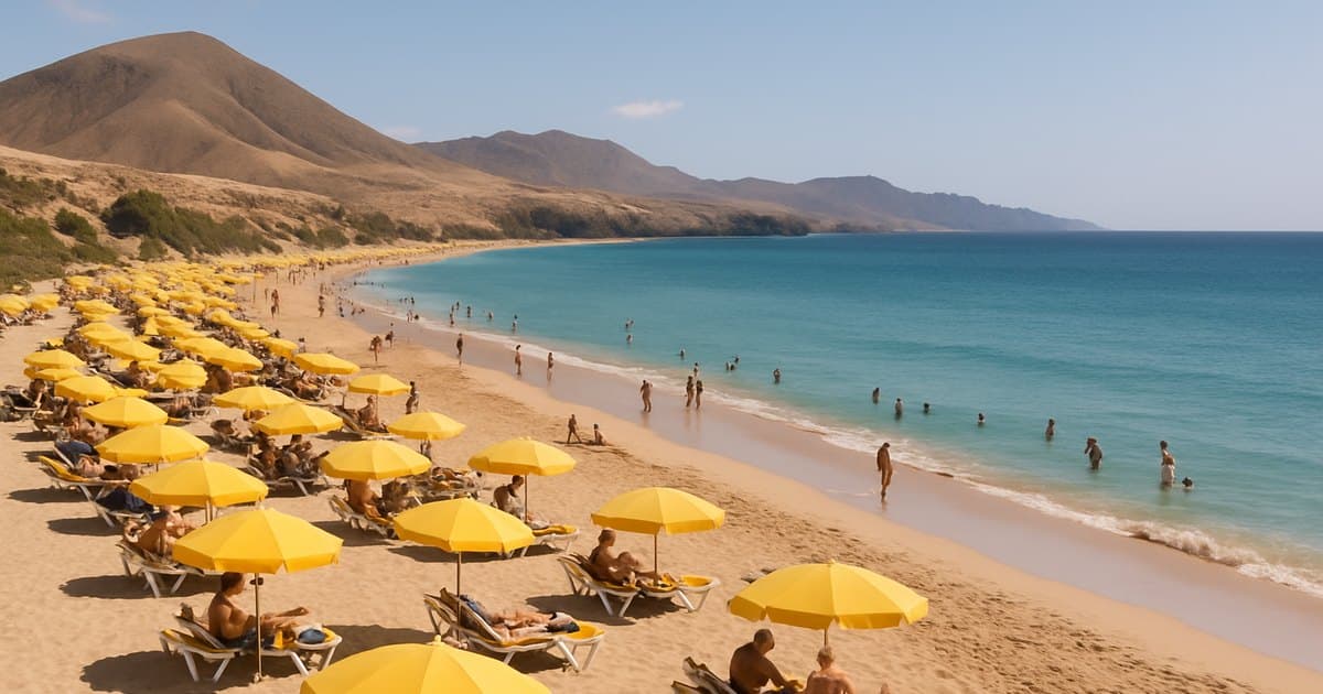 Playa canaria en agosto sin calor excesivo, brisa constante.