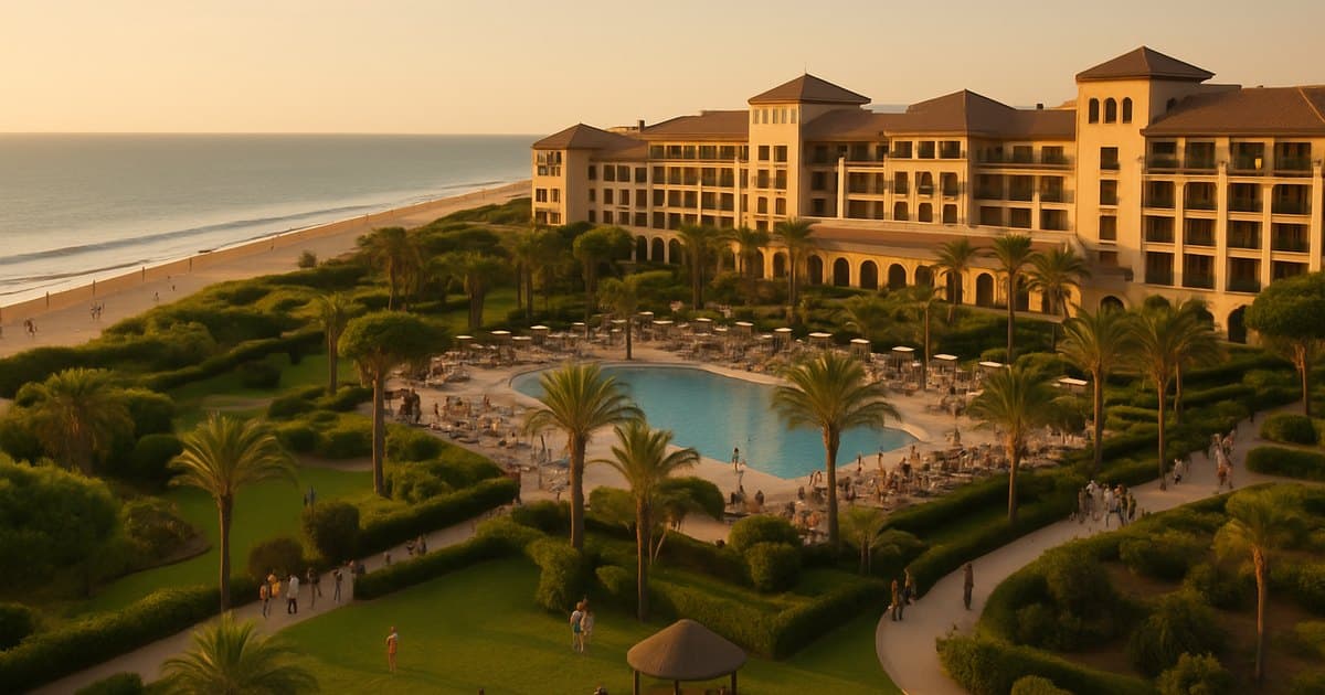Resort todo incluido gaditano al atardecer con playa.