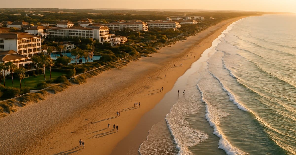 Vista aérea de Novo Sancti Petri con hoteles frente al mar y jardines.