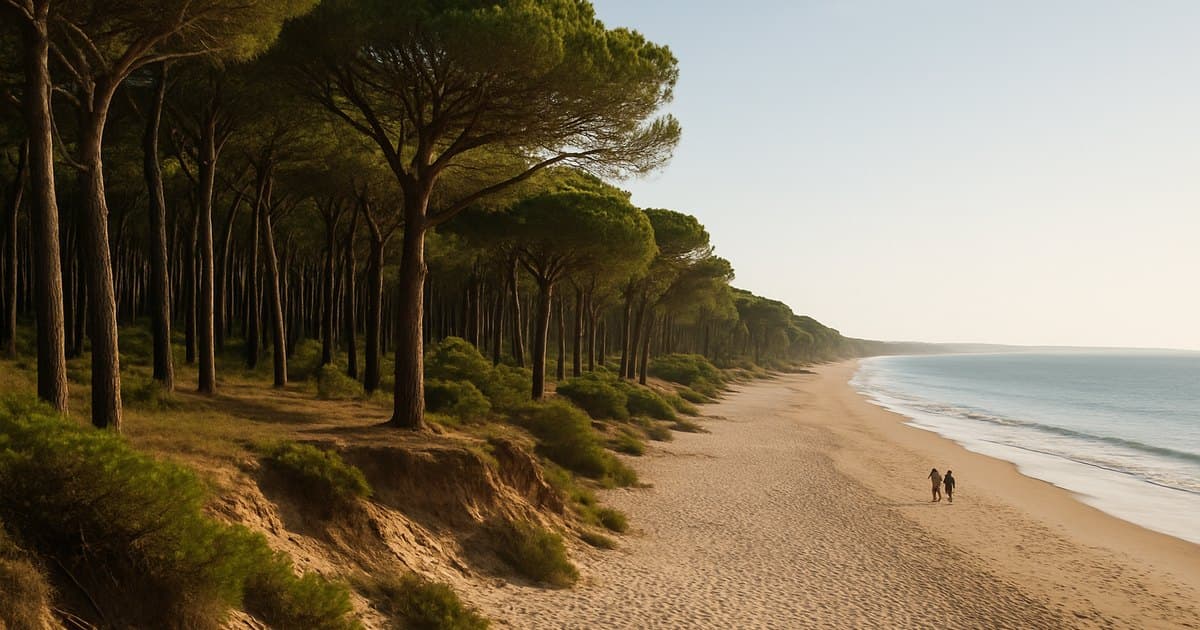 Bosque de pinos junto a playa virgen de Mazagón con luz natural.