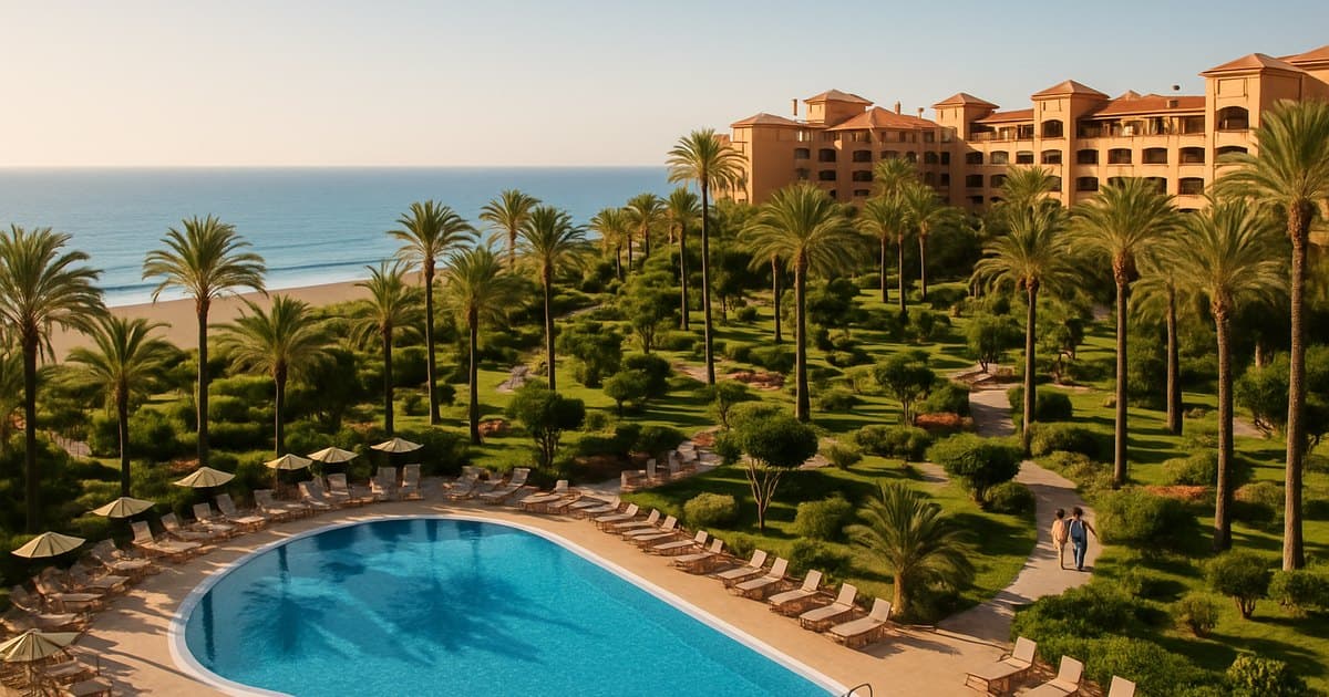 Complejo resort todo incluido con piscina y mar en Roquetas de Mar.