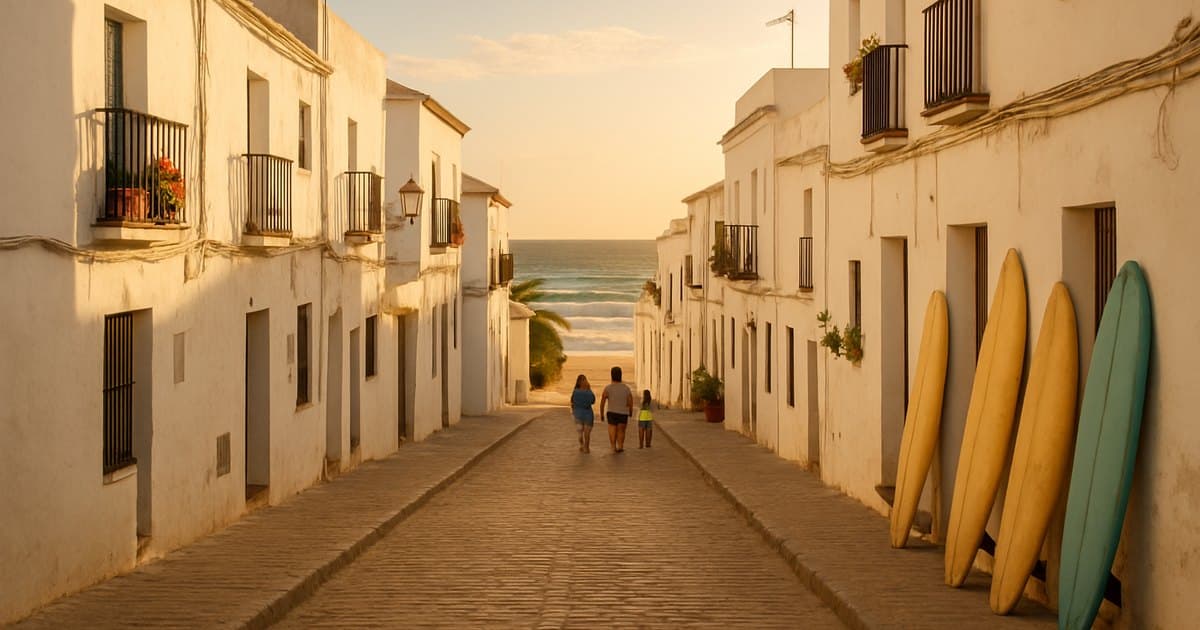 Pueblo blanco de Zahara de los Atunes con tablas de surf y mar.