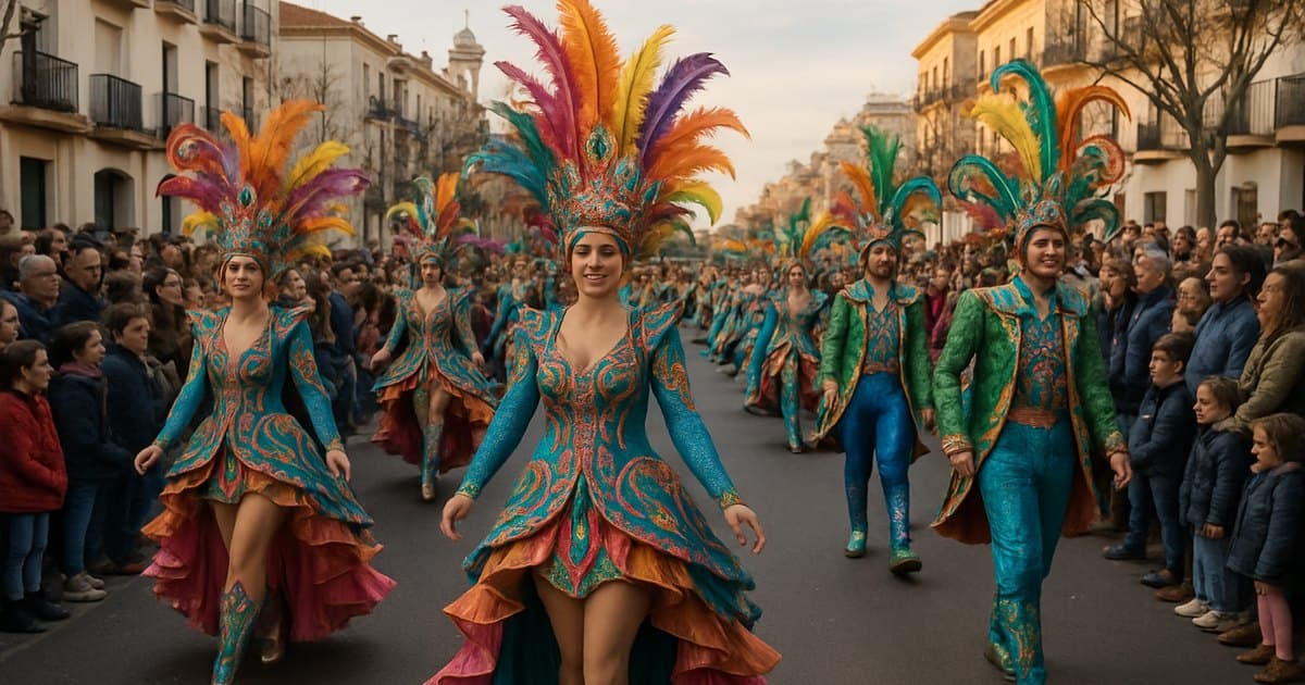 Desfile del Carnaval de Isla Cristina con comparsas en trajes tradicionales.