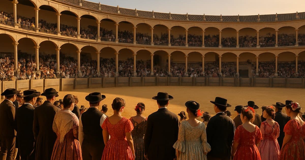 Plaza de toros de Ronda con asistentes en trajes goyescos tradicionales.