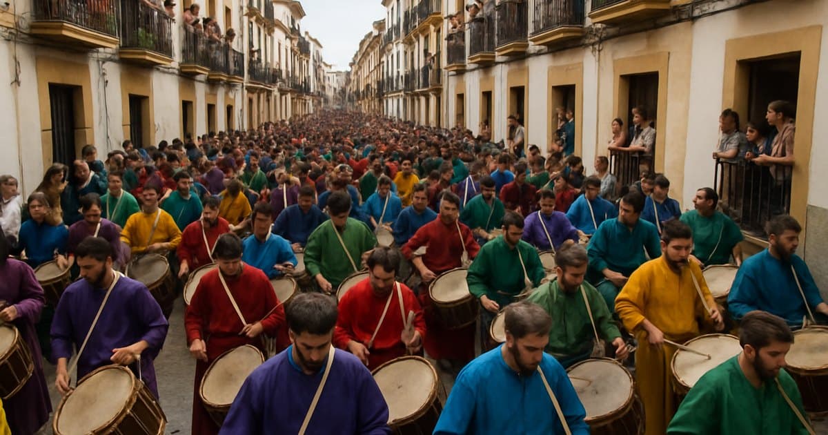 Miles de tambores sonando en calle andaluza durante Semana Santa.