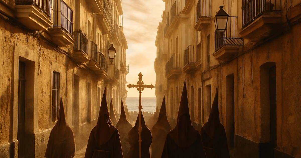 Calles estrechas de Cádiz con procesión y vista al mar entre edificios.