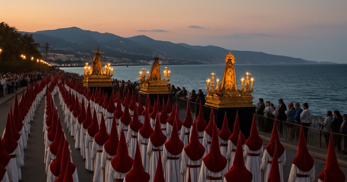 Procesión ordenada de Semana Santa en paseo junto al mar.