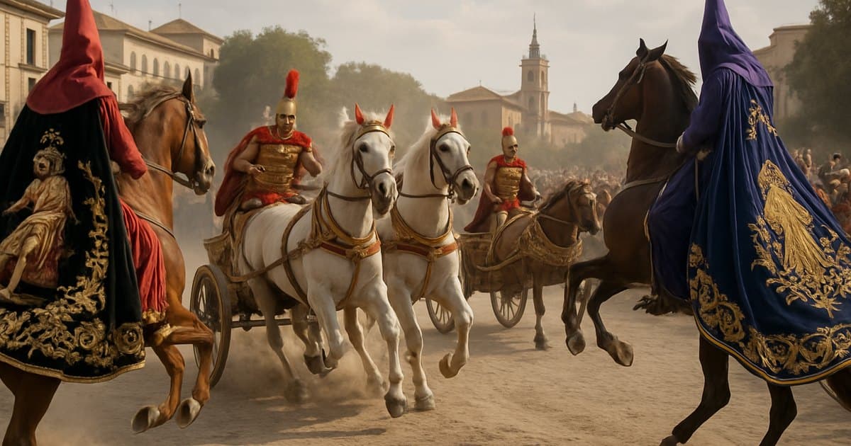 Procesión con caballos, cuadrigas y mantos bordados de Lorca.