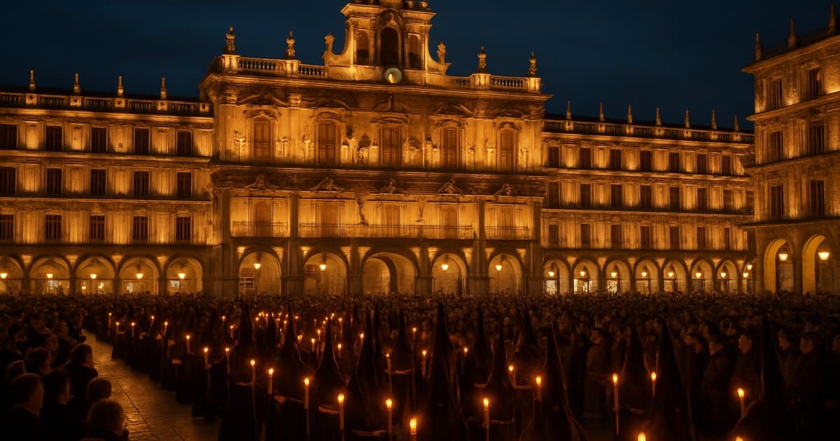 Piedra dorada de Salamanca iluminada por luz de cirios procesionales.