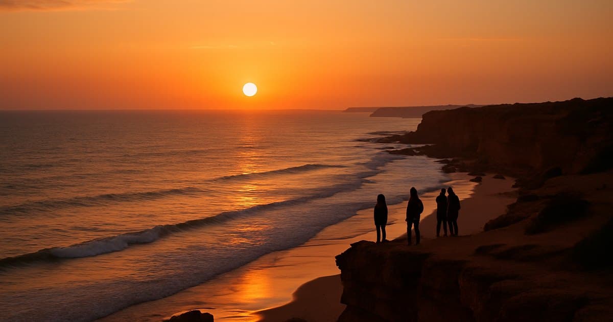 Puesta de sol dorada sobre las playas de la Costa de la Luz.