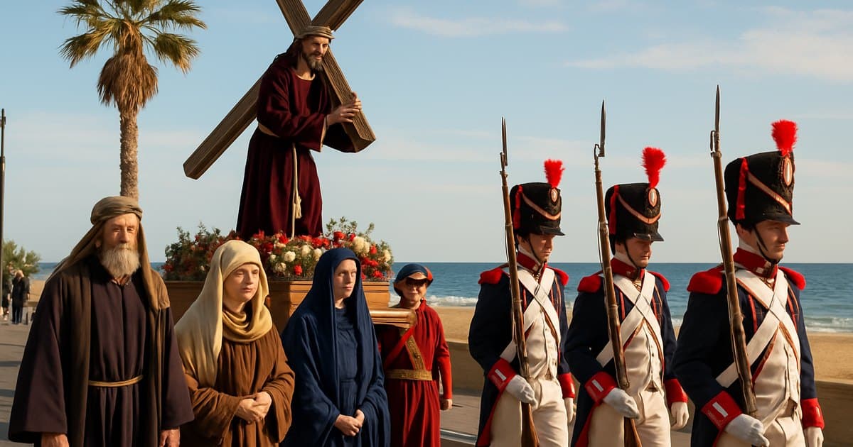 Procesión marinera de Valencia junto a playa con personajes bíblicos.