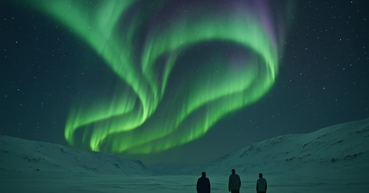 Aurora boreal verde danzando sobre el cielo ártico nevado.
