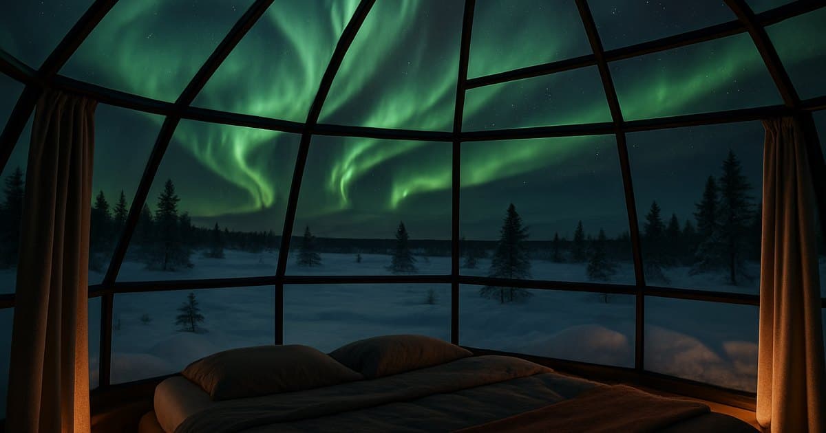 Interior de iglú de cristal con aurora boreal visible.