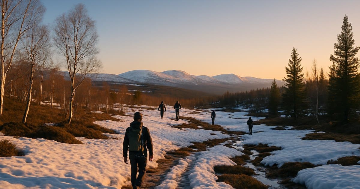 Paisaje ártico primaveral con nieve y luz diurna extendida.