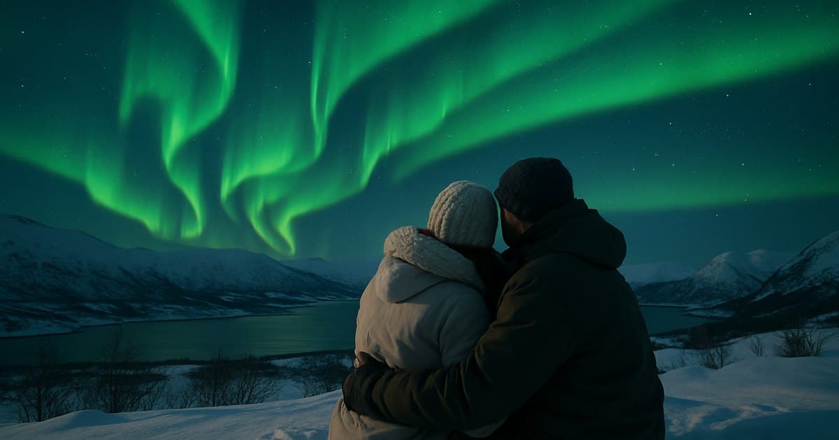 Pareja observando aurora boreal bajo cielo estrellado ártico.